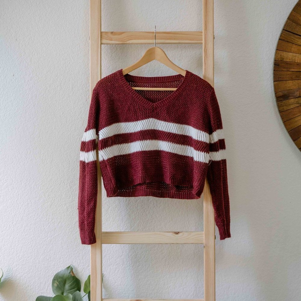 Burgundy & White Striped Cropped Sweater